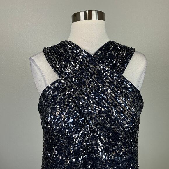 Eliza J Women's Sequin Tulle Sleeveless Halter Evening Gown Blue Size 12P Dress - Picture 7 of 12